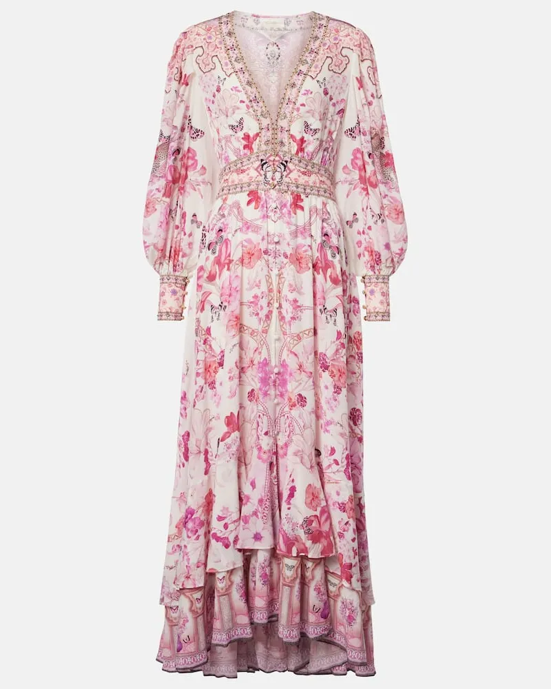 Camilla Abito lungo in seta con stampa floreale Rosa