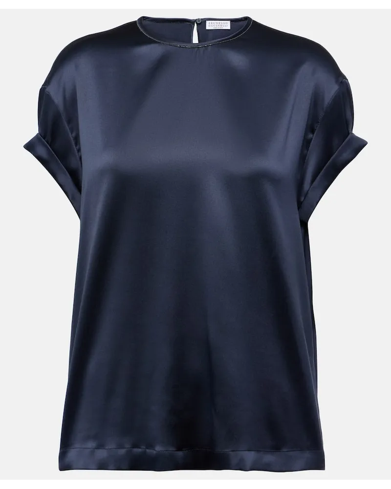 Brunello Cucinelli T-shirt in misto seta Blu