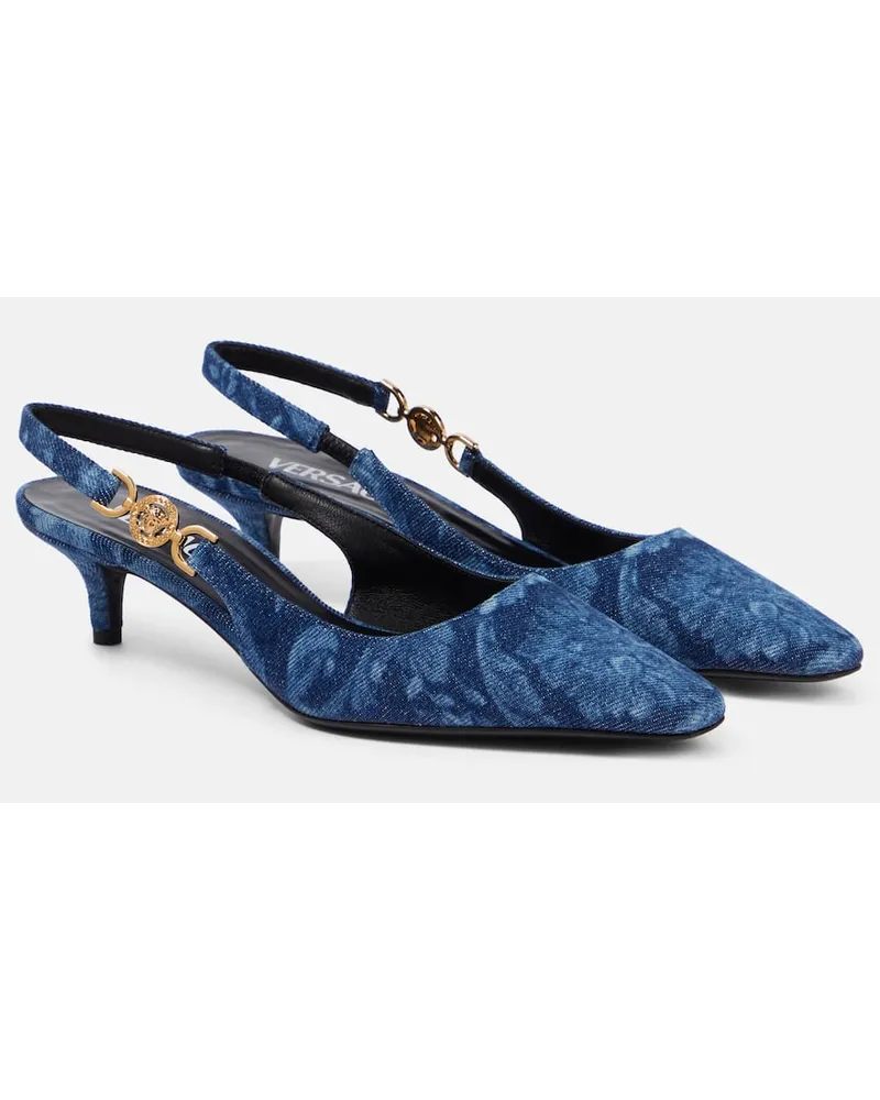 Versace Pumps slingback in denim con logo Blu