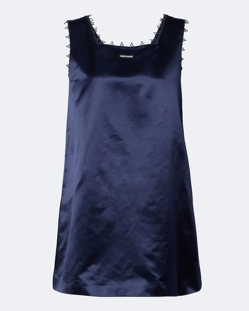 Miu Miu Abito corto in satin misto cotone con ricamo Blu