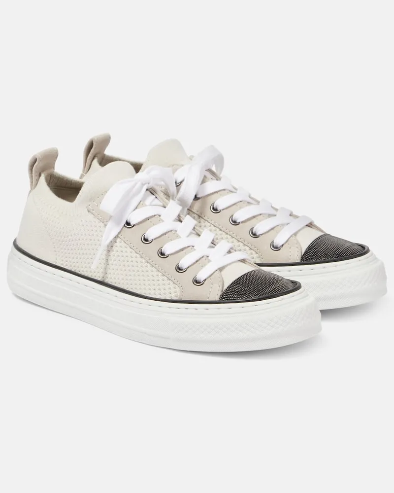 Brunello Cucinelli Slip-on Kate in maglia con suede Bianco