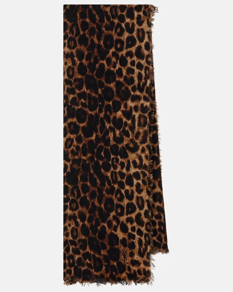 Saint Laurent Sciarpa in lana con stampa leopardata Marrone
