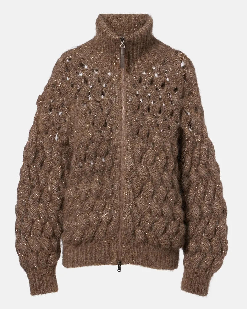 Brunello Cucinelli Cardigan in mohair e lana con paillettes Marrone