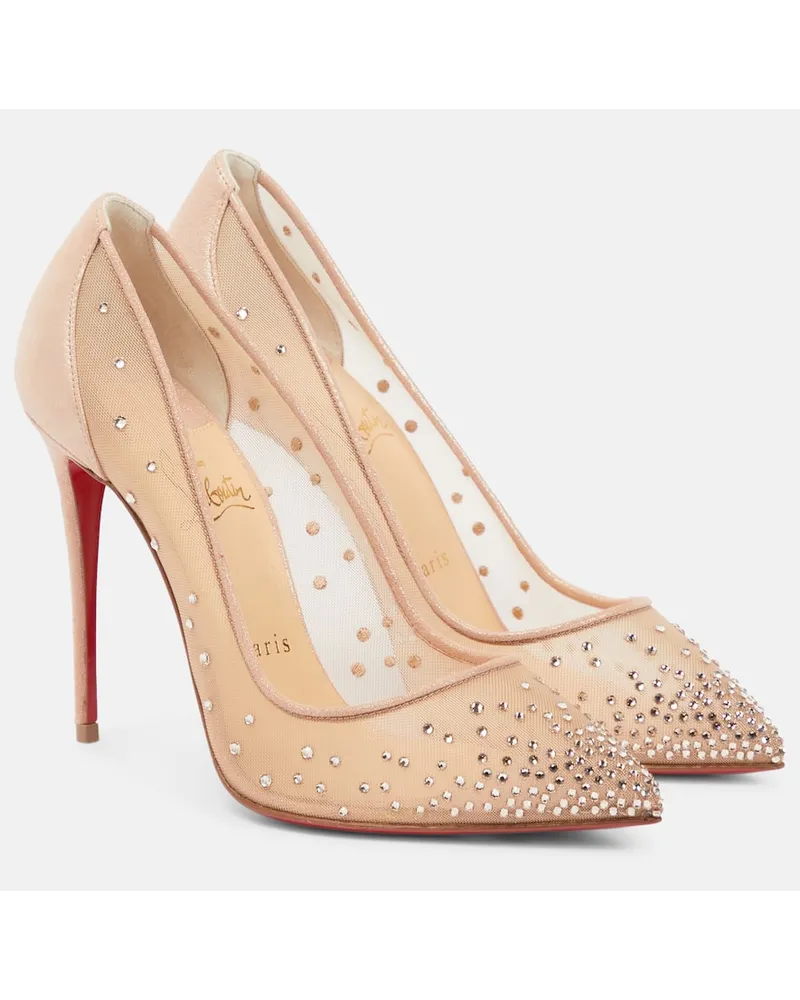 Christian Louboutin Pumps Follies Strass in mesh con cristalli Beige