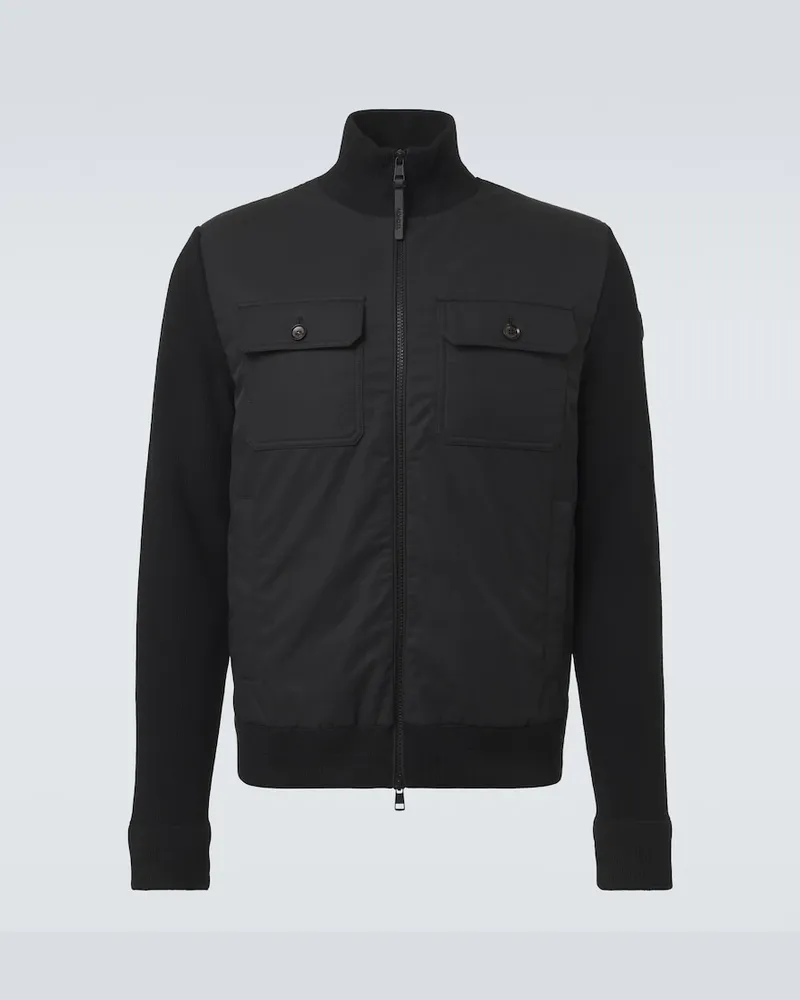 Moncler Cardigan in lana vergine e suede con zip Nero