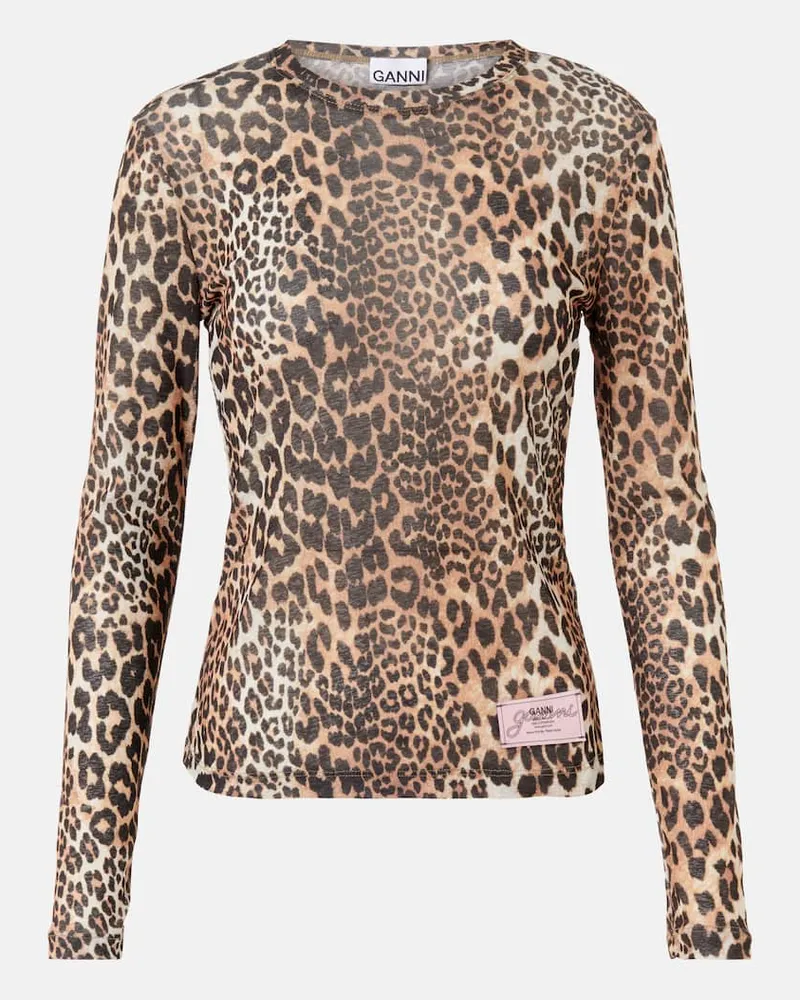Ganni Top in mesh con stampa leopardata Marrone