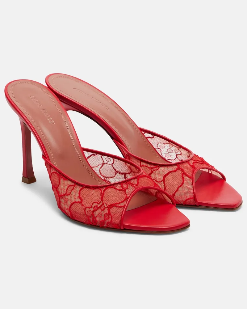 Amina Muaddi Mules Alexa in pizzo con pelle Rosso