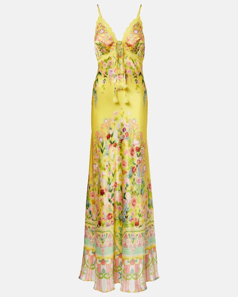 Camilla Abito lungo in charmeuse di seta con stampa Giallo