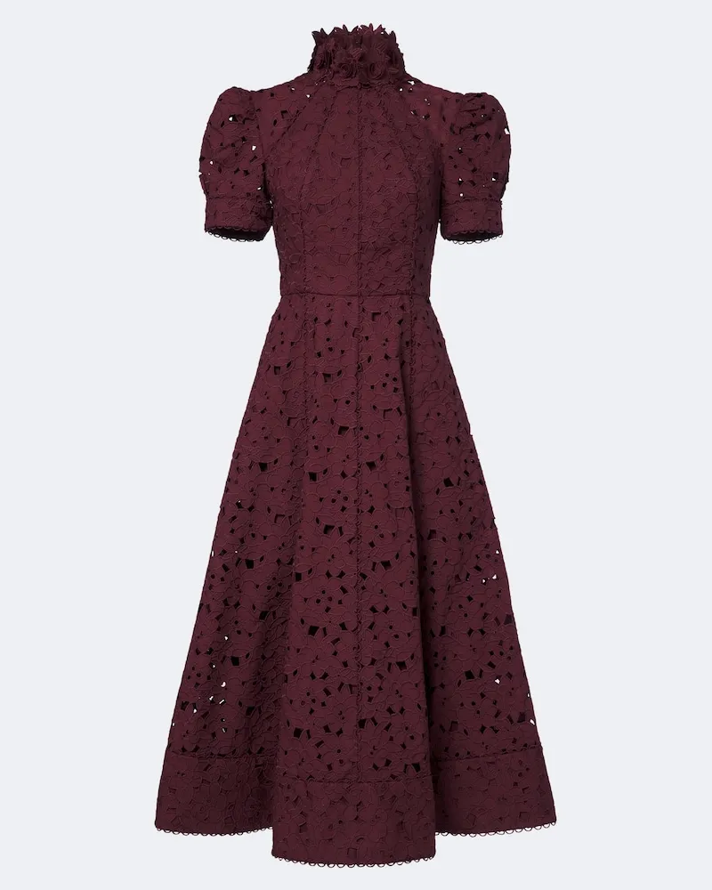 Rebecca Vallance Abito midi Kitsu in pizzo guipure di cotone Borgogna