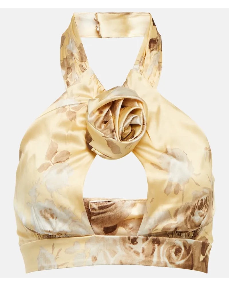 Alessandra Rich Top cropped in raso di seta con stampa Neutro