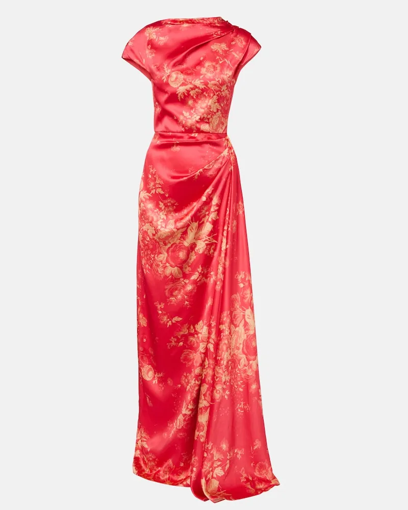 Erdem Abito lungo in raso duchesse con stampa floreale Rosso