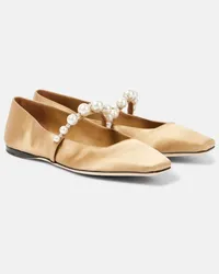 Jimmy Choo Ballerine Mary Jane Ade in raso con perle bijoux Beige