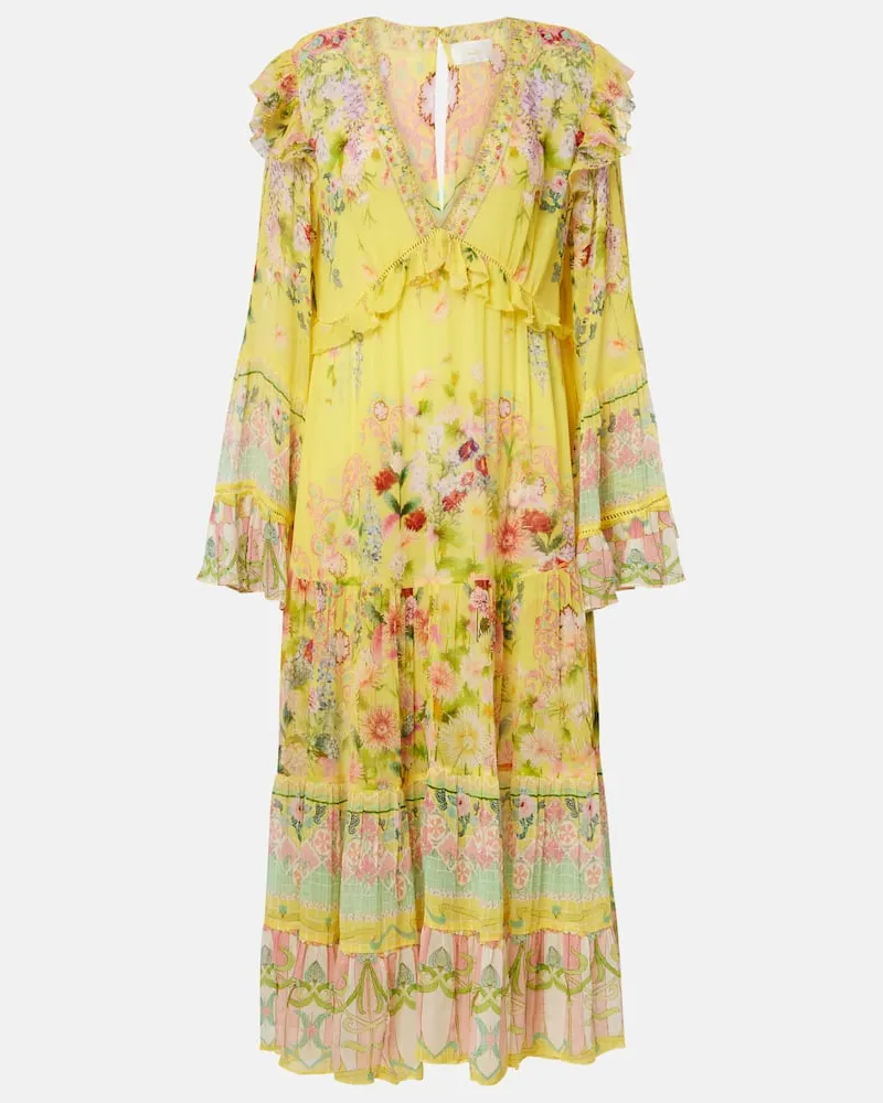 Camilla Abito midi in chiffon di seta con stampa e volant Giallo