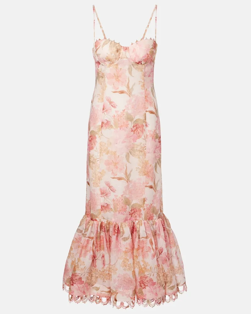 Zimmermann Abito midi Como in lino e seta con stampa floreale Rosa