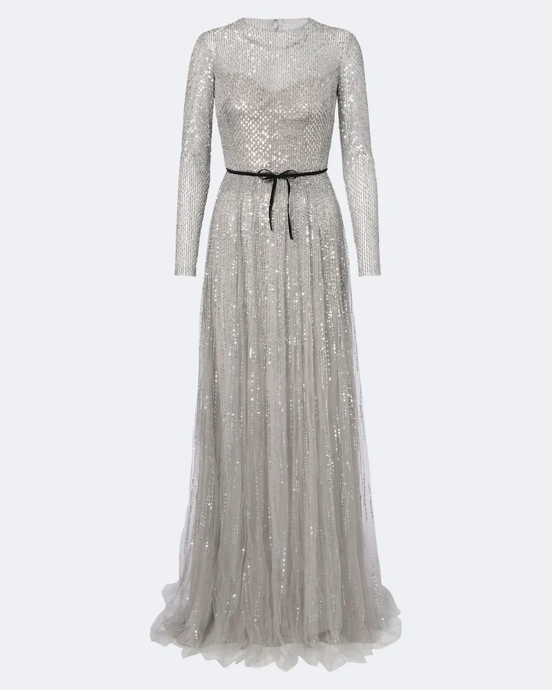 Monique Lhuillier Abito lungo in tulle con paillettes Argento