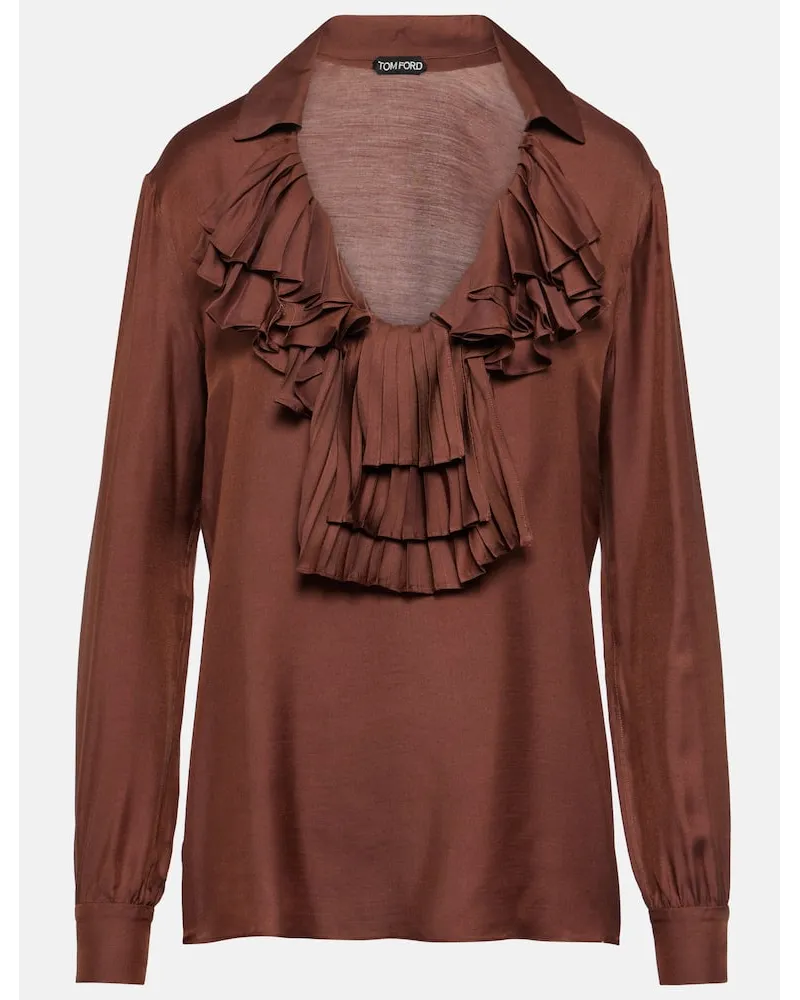 Tom Ford Blusa in twill con volant Marrone