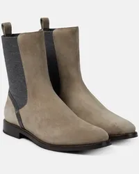 Brunello Cucinelli Stivaletti Chelsea in suede con monili Beige