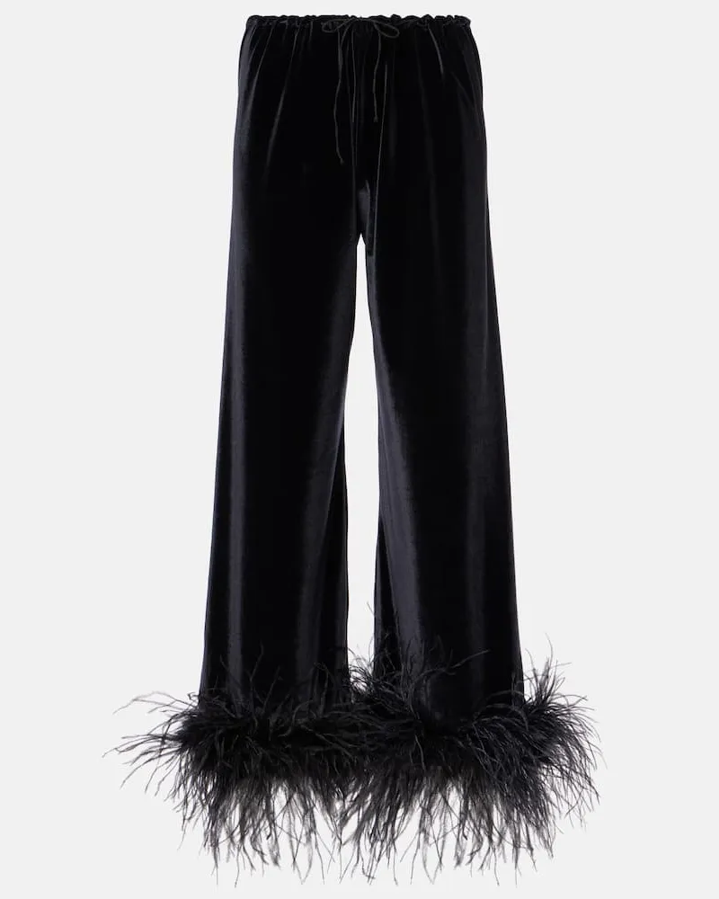 Oséree OsÃ©ree Pantaloni a gamba larga in velluto con piume Nero