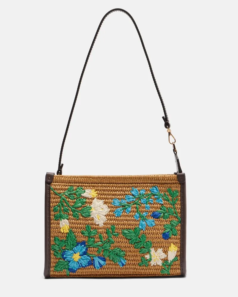 Etro Borsa a spalla Pegaso in rafia con ricamo Marrone