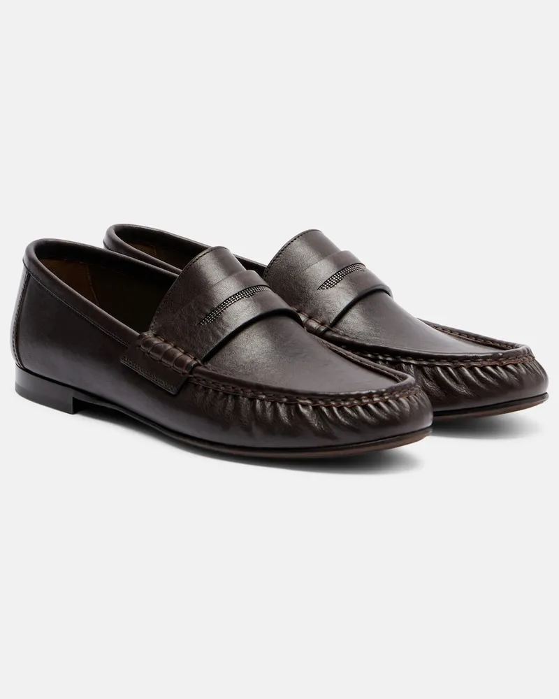 Brunello Cucinelli Mocassini penny in pelle con monili Marrone