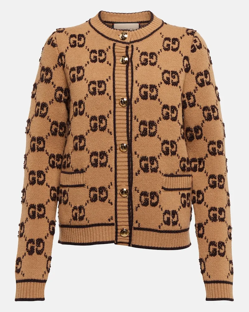 Gucci Cardigan in jacquard di lana GG Marrone