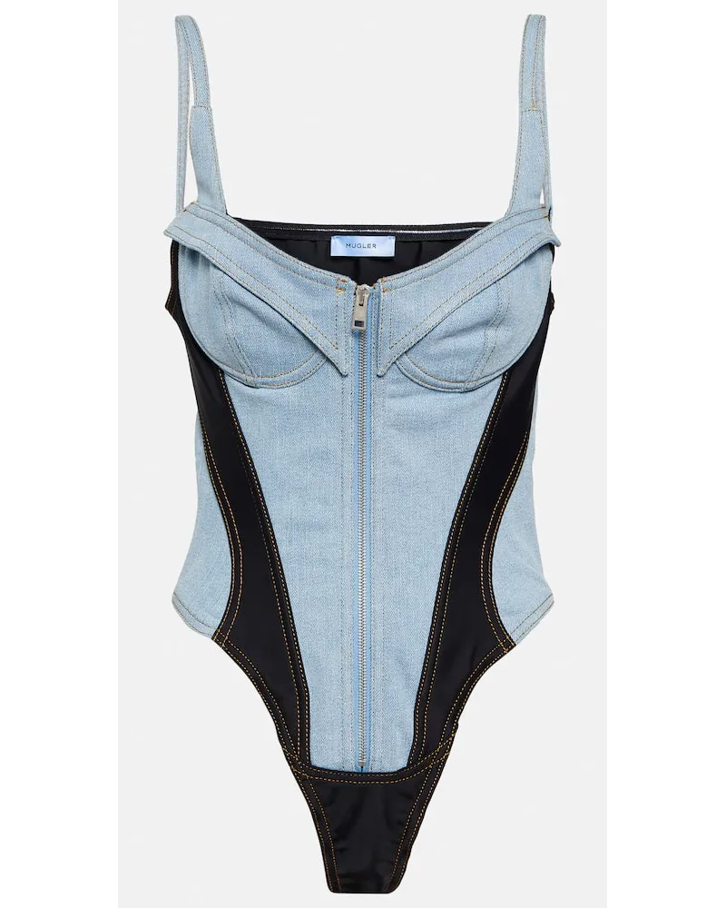 Thierry Mugler Body di jeans con similpelle Blu