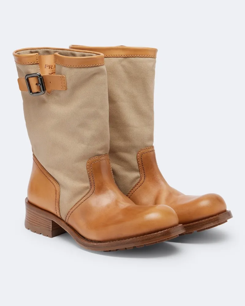 Prada Stivali biker in pelle e canvas Marrone