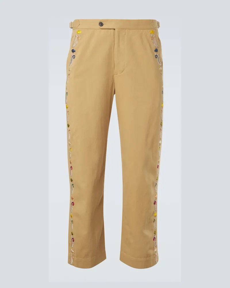 BODE Pantaloni regular Feather Runner in cotone con ricamo Beige