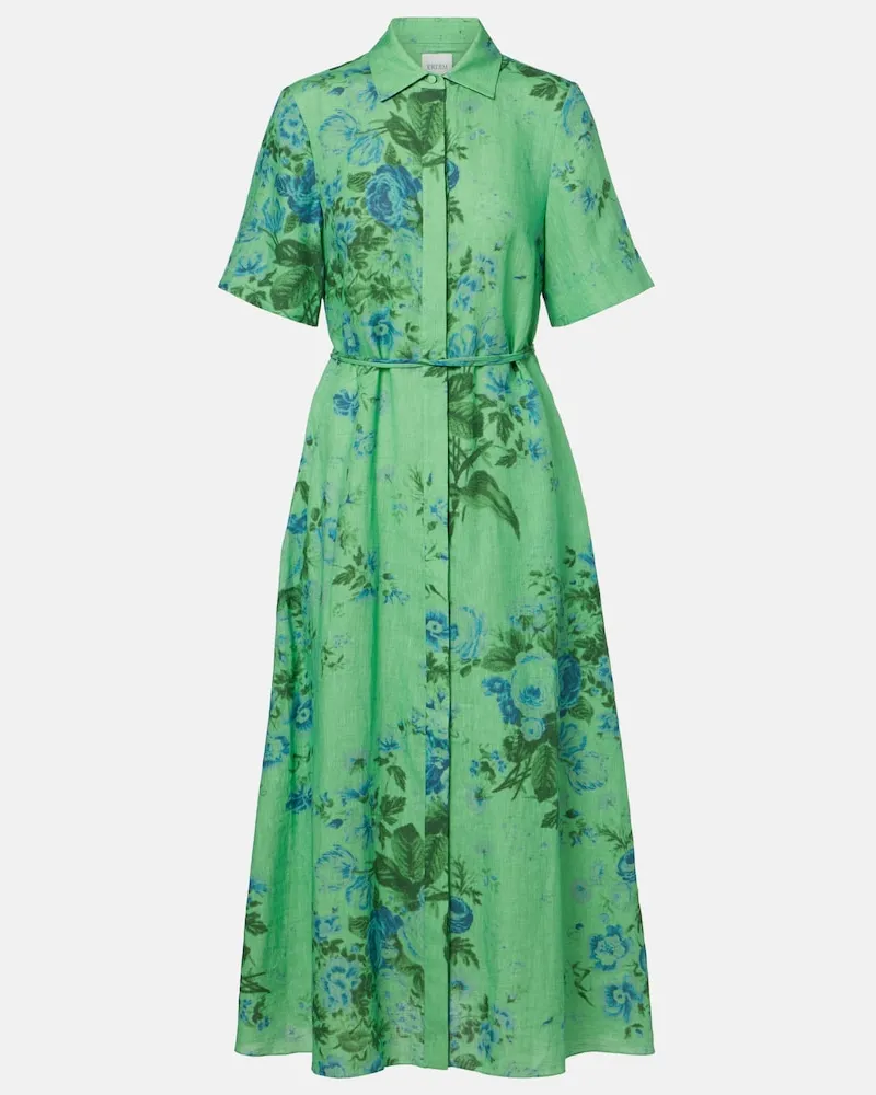 Erdem Abito chemisier in lino con stampa floreale Verde