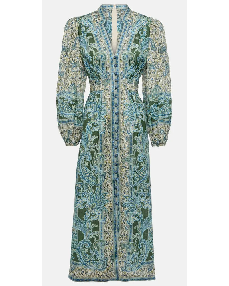 Zimmermann Abito midi Ottie Plunge in lino con stampa Blu