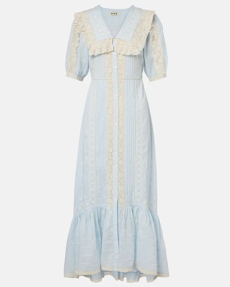 RIXO Abito midi Edina in cotone con ricamo Blu