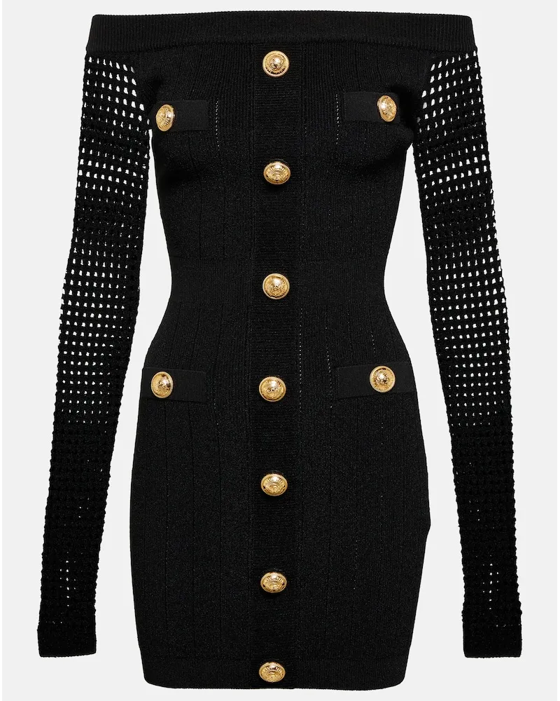 Balmain Miniabito in maglia con scollo bardot Nero