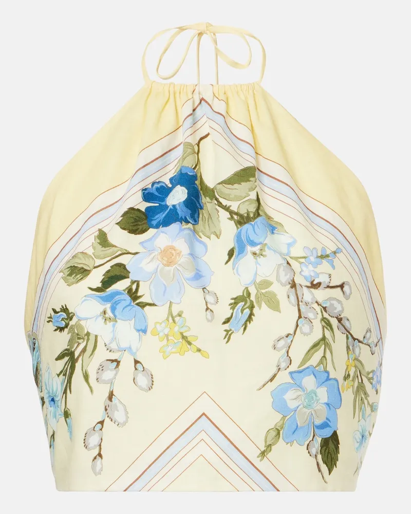 Self-Portrait Top cropped in lino e cotone con stampa floreale Giallo