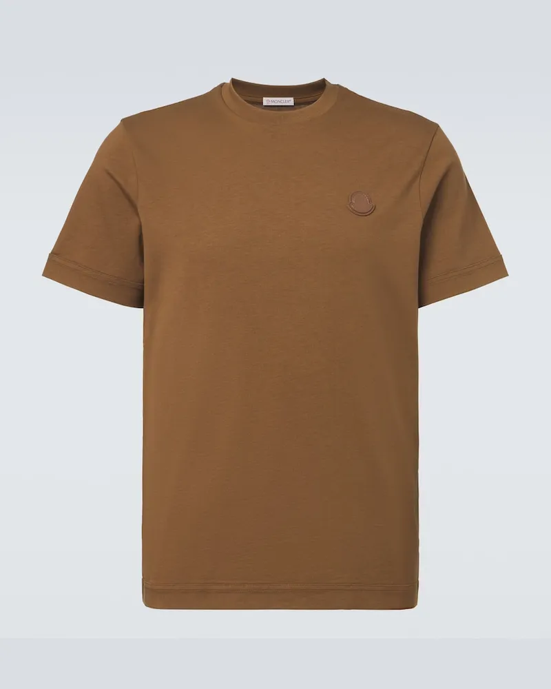 Moncler T-shirt in jersey di cotone con pelle Marrone