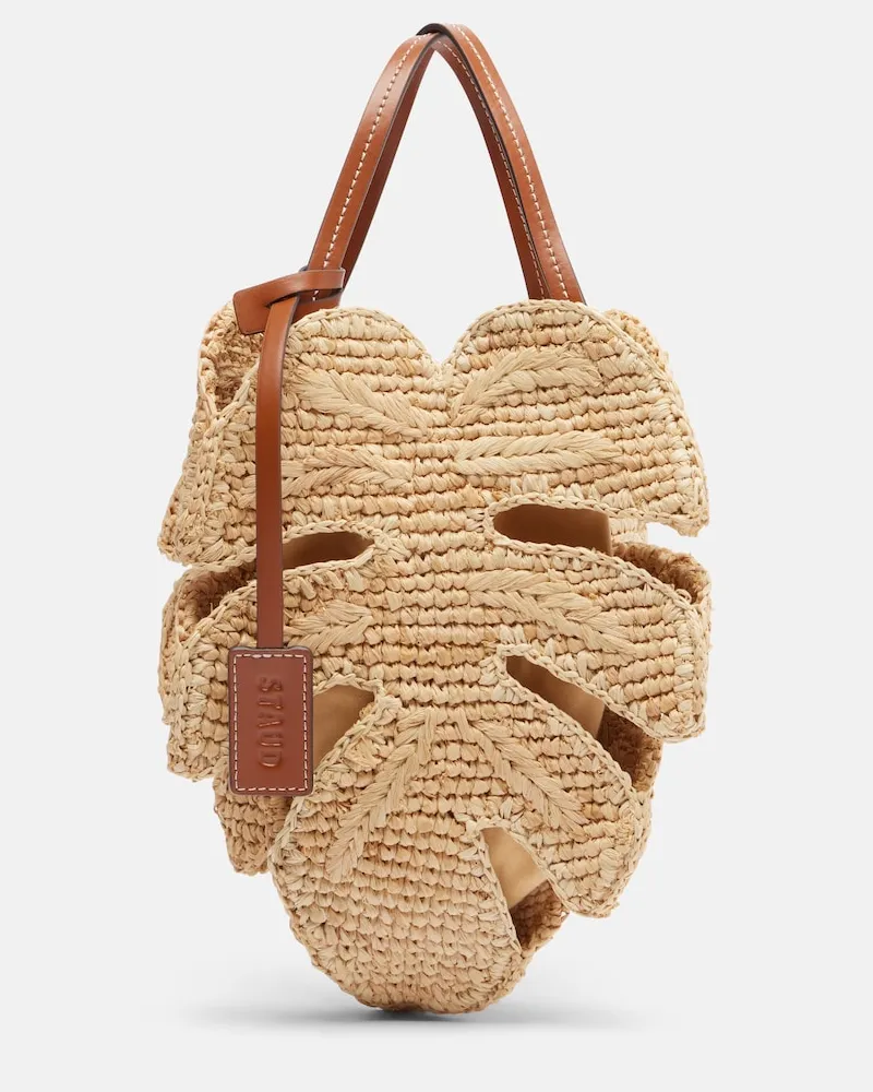STAUD Borsa a mano Palm in rafia con pelle Beige