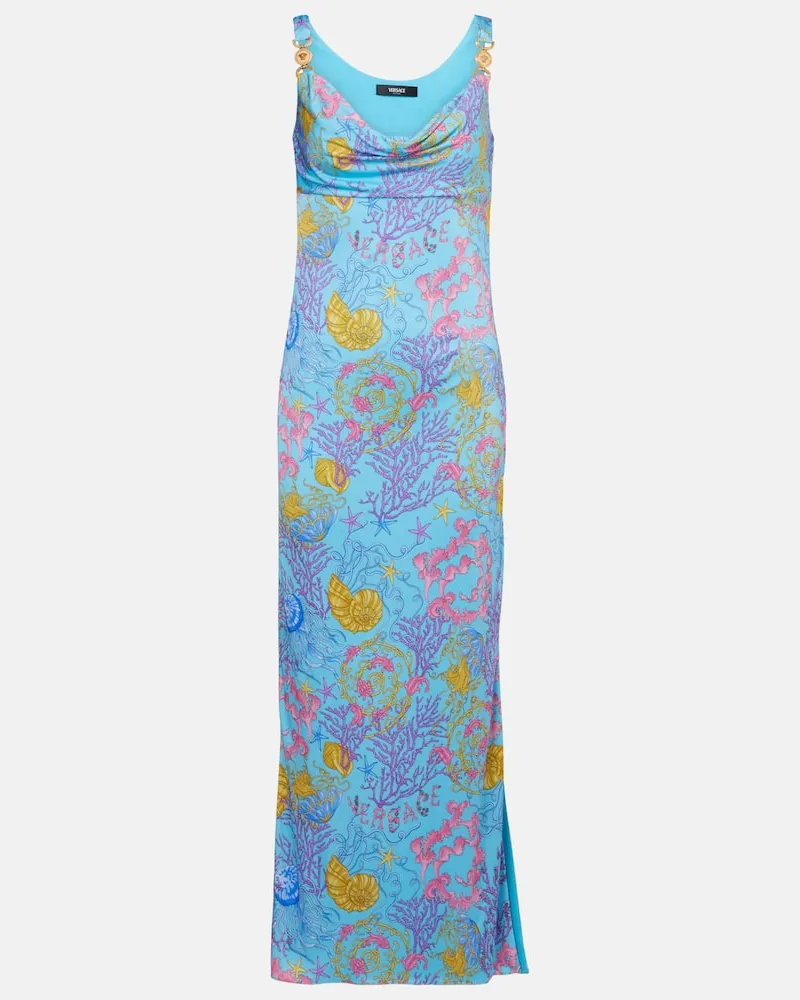 Versace Abito lungo Underwater Barocco in jersey drappeggiato Blu