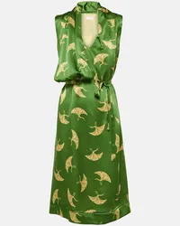 Dries van Noten Abito midi in raso di seta con stampa Verde