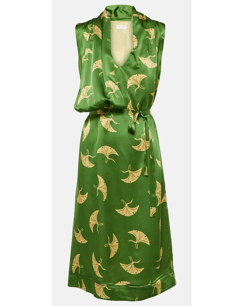 Dries van Noten Abito midi in raso di seta con stampa Verde