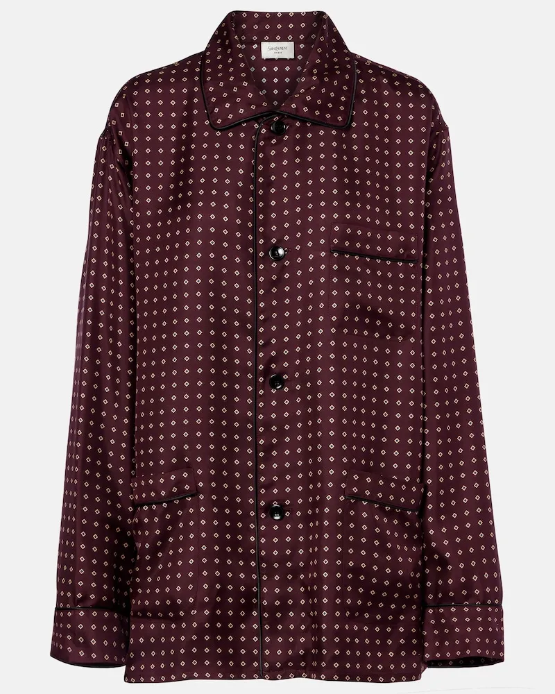 Saint Laurent Camicia pigiama in raso di seta a pois Borgogna