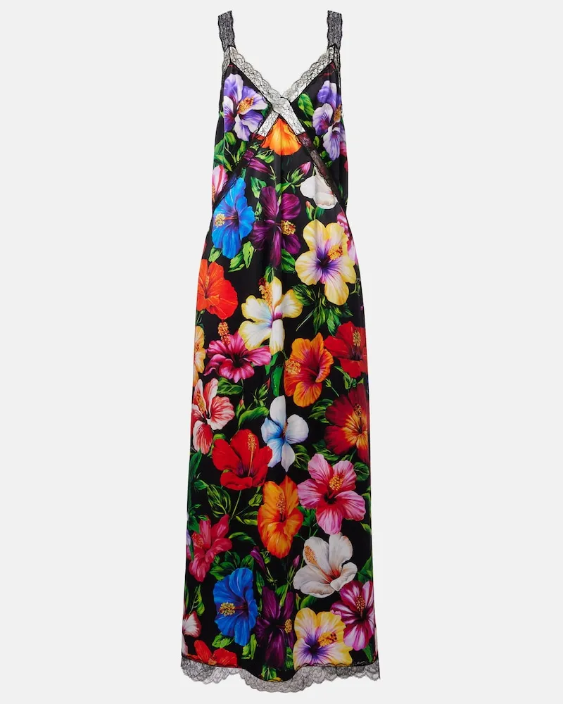 Dolce & Gabbana Abito lungo in misto seta con pizzo floreale Multicolore