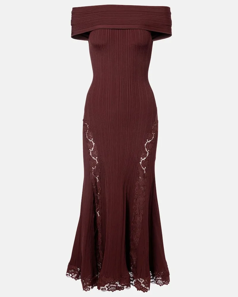 Self-Portrait Abito midi off-shoulder con pizzo Borgogna
