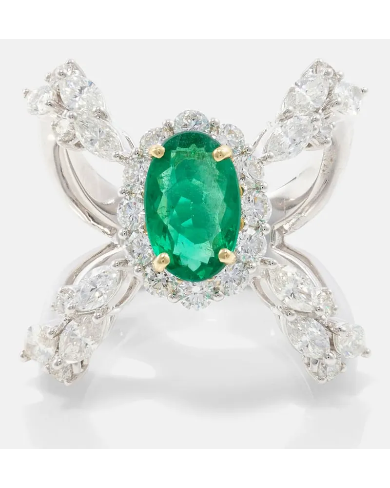 YEPREM Anello Reign Supreme in oro bianco 18kt con diamanti e smeraldi Multicolore