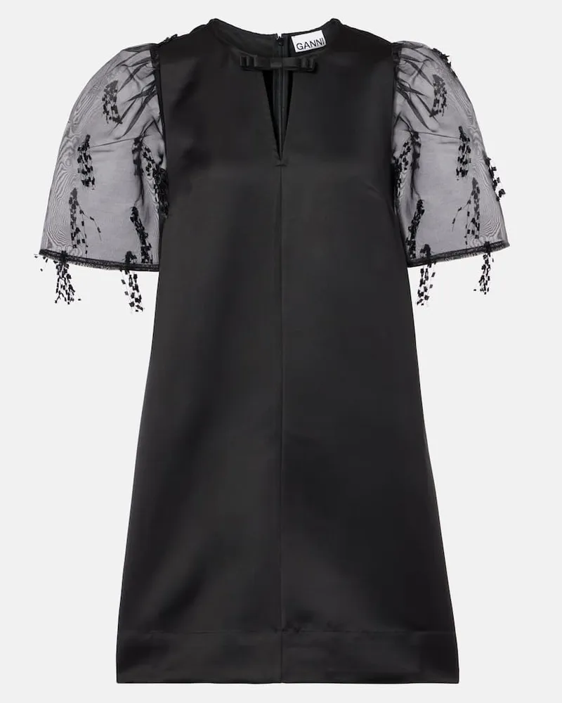 Ganni Abito corto in organza con ricami Nero