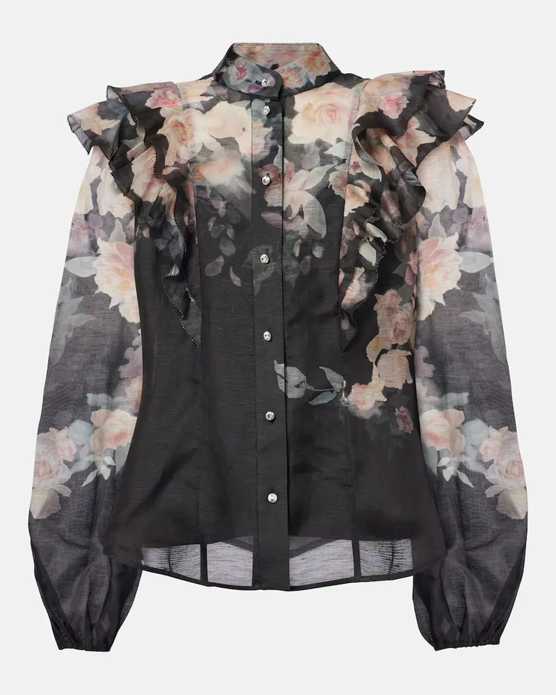 Zimmermann Blusa Crush Frill Sleeve in lino e seta Nero