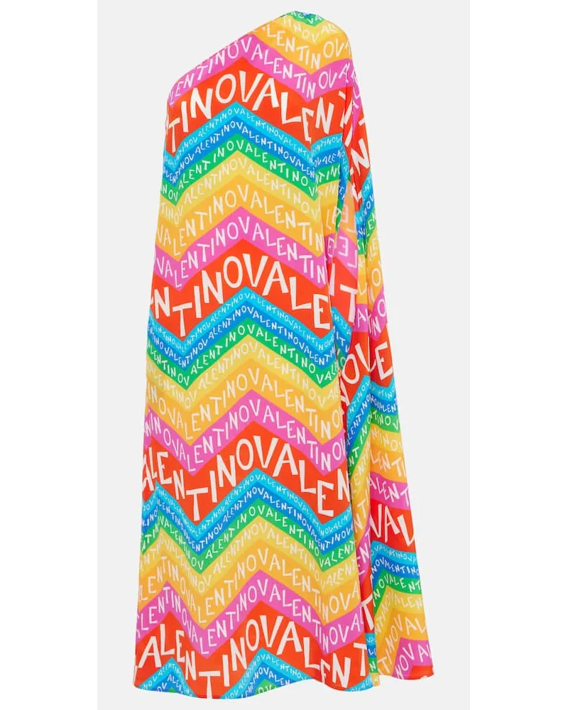 Valentino Garavani Abito midi monospalla in seta con logo Multicolore