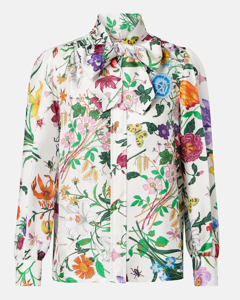 Gucci Camicia in twill di seta con stampa floreale Bianco