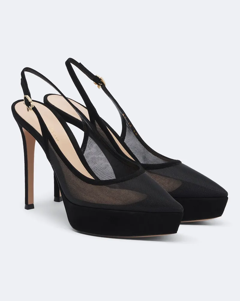 Gianvito Rossi Pumps slingback in mesh con plateau e suede Nero