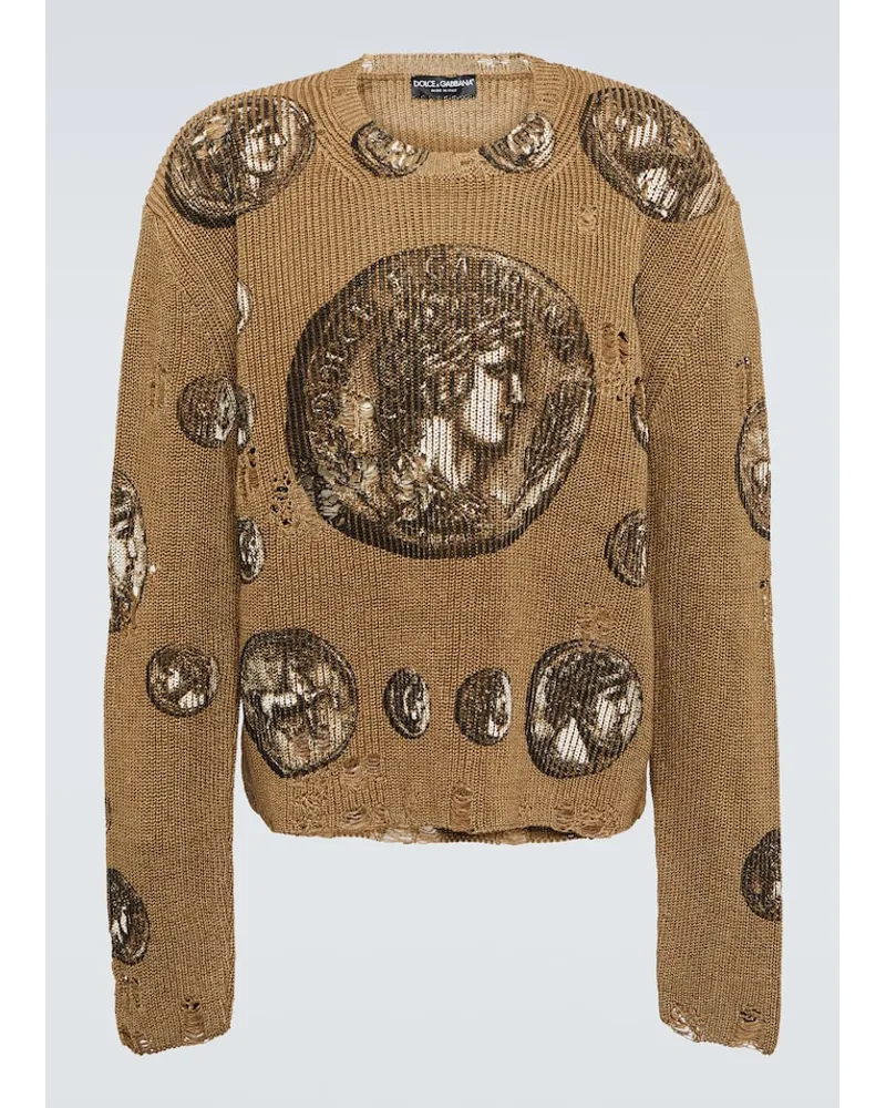 Dolce & Gabbana Pullover in lino con stampa Marrone
