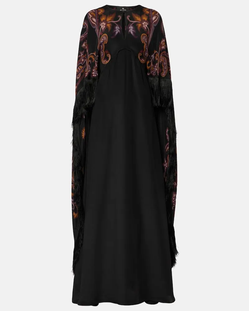 Etro Abito lungo in seta paisley con frange Nero