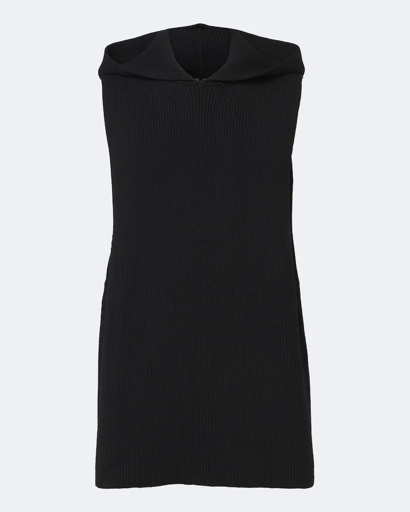 Rick Owens Top in lana vergine a coste con cappuccio Nero